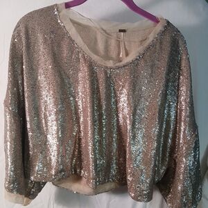 Free People Champagne Dreams Gold Metallic Sequined Bat Wing Crop Top XS